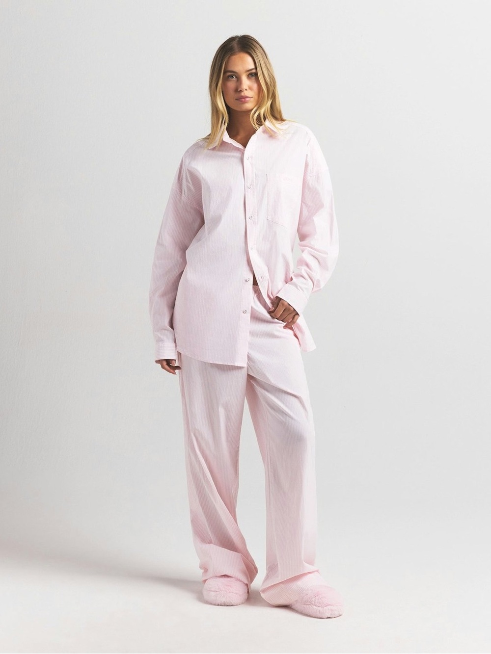 SKIMS Oversized Cherry Blossom Poplin Cotton Striped Pajama Set Size L